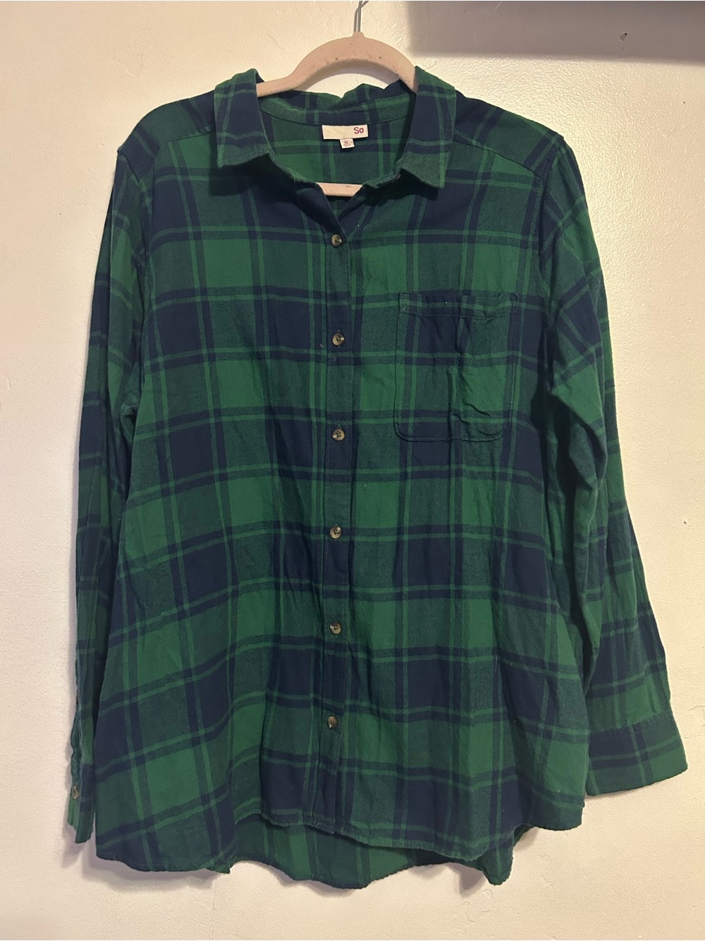 SO Green and Navy Plaid Button-Down Shirt